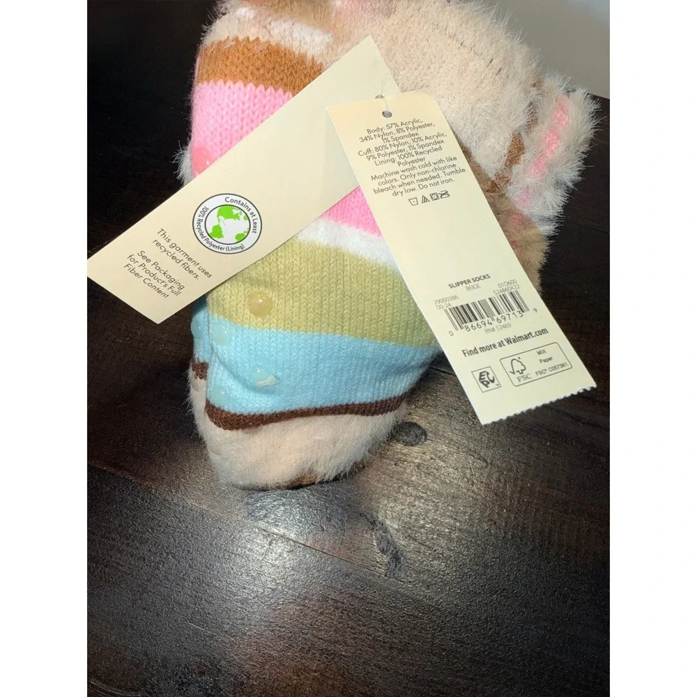 No Boundaries Womens Faux Fur Lined‎ Slipper Socks Striped Beige Multi Size 4-10